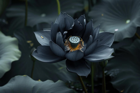 Rare Black lotus flower in dark banner. Natural beauty art flora light. Generate Aiの素材