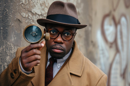 Intelligent Black man dressed detective. Mafia suit hat detective male portrait. Generate Aiの素材
