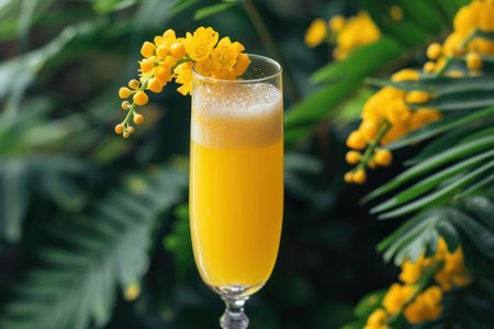 Refreshing mimosa cocktail amidst lush greenery and yellow blossomsの素材