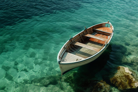Serene image showcasing a single white rowboat floating on the transparent seaの素材