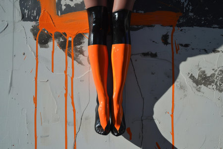 Stylish orange boots with vibrant paint drip backdrop, capturing a bold urban fashion statementの素材