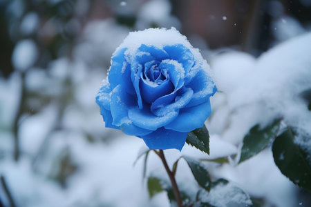 Vivid blue rose dusted with fresh snowflakes against a wintery backdropの素材