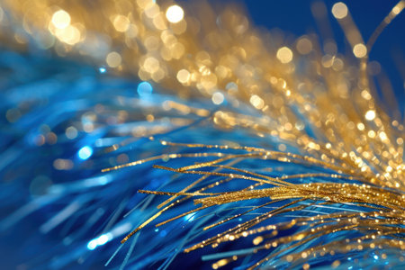 Close-up of shimmering golden tinsel on a vibrant blue backdrop with bokeh effectの素材