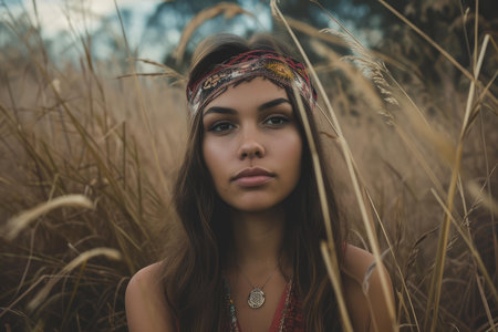 Young woman with a bohemian style headband poses thoughtfully in amber fieldsの素材