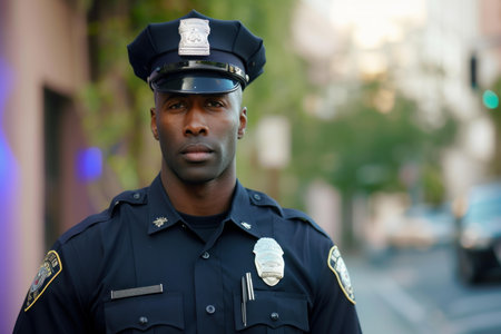 Vigilant Black female police officer. Police woman in working patrol uniform. Generate aiの素材