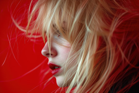 Close-up of a young womanâs face with wind-blown hair against a vivid red backgroundの素材