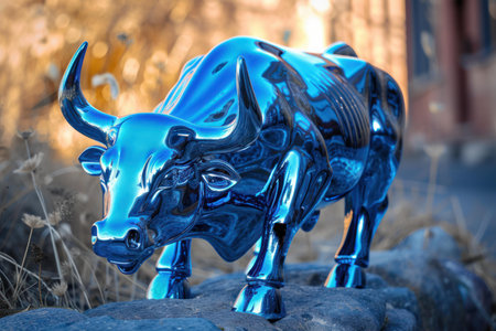 Vibrant blue metallic bull sculpture captures the warm glow of the setting sunの素材