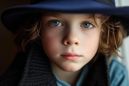 Close-up of a young child with soulful eyes wearing a stylish blue hatの素材