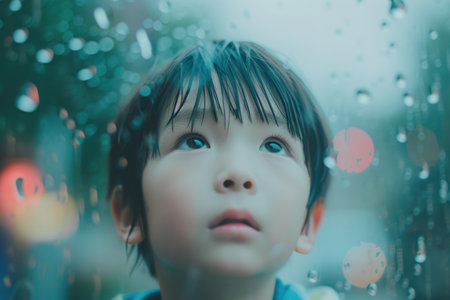 Close-up of a thoughtful young boy looking out of a window with raindrops, with soft bokeh lights in the backgroundの素材