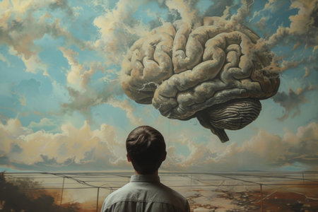Man gazes at a massive brain floating amidst a cloudy sky, symbolizing thought and creativityの素材