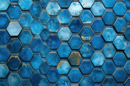 Close-up of modern blue hexagon ceramic tiles texture. Creating a contemporary geometric mosaic pattern for architectural wall design and decorationの素材