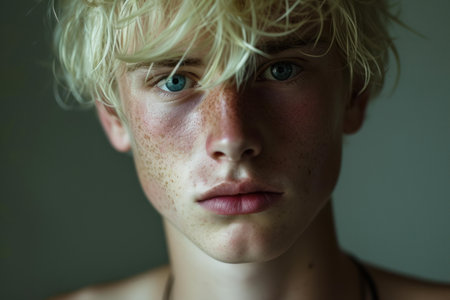 Close-up portrait of a teenage boy with striking blue eyes and blond hairの素材