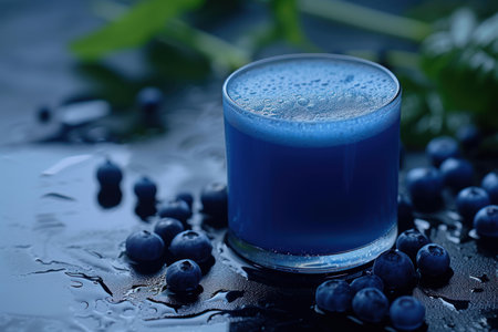 Vibrant, blueberry smoothie surrounded by fresh berries and green leaves, glistening with moistureの素材