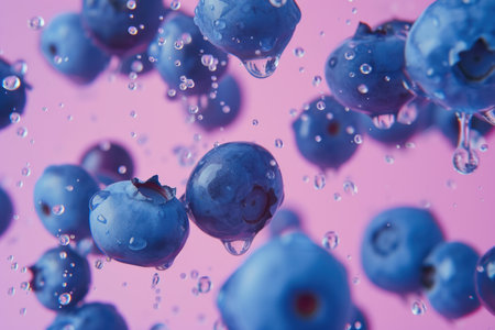 Vibrant blueberries with water droplets and bubbles on a pink backgroundの素材