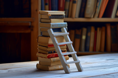 Conceptual image of a wooden ladder leaning against a stack of vintage books, symbolizing learning progressionの素材