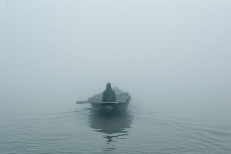 Serene scene with a person rowing a boat in heavy fog over calm waterの素材