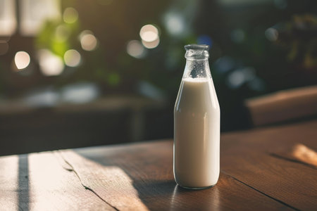 Tranquil scene of a milk bottle basked in warm sunlight on a rustic wooden tableの素材