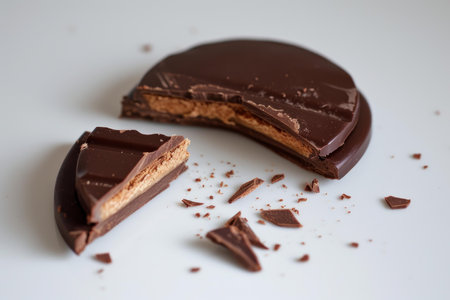 Dark chocolate disc with one piece bitten off, showing layers, on a white backgroundの素材