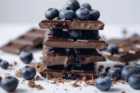Fresh blueberries atop a pile of rich dark chocolate squares with chocolate pieces aroundの素材