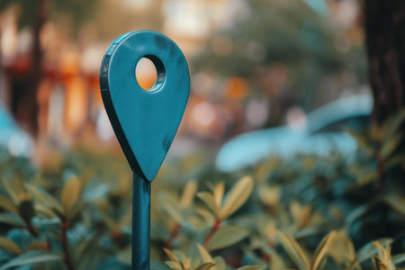 Symbolic location marker set against an urban blurred background, highlighting theme of guidanceの素材