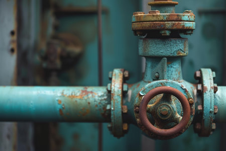 Close-up of an old, rusted valve on a weathered blue pipeline, depicting industry decayの素材