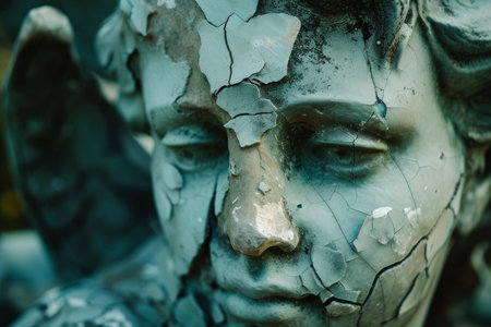 Close-up of an aged statues face with peeling layers of paint, depicting times effectの素材