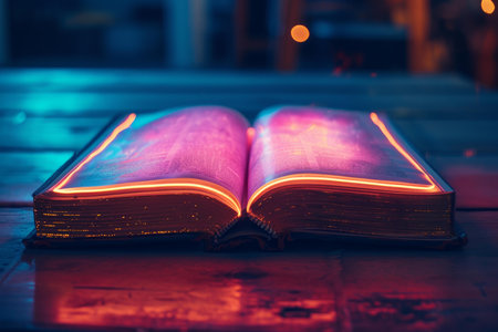 Magical book open with glowing pages on a wooden table, evoking mystery and knowledgeの素材