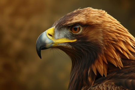Close-up detailed portrait of a majestic golden eagle, a powerful and fierce bird of prey with sharp eyes and vibrant feathers, in its natural wildlife habitatの素材