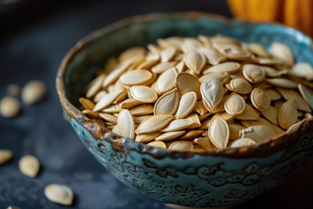 Artistic close-up of raw pumpkin seeds in a decorative bowl on a textured surfaceの素材