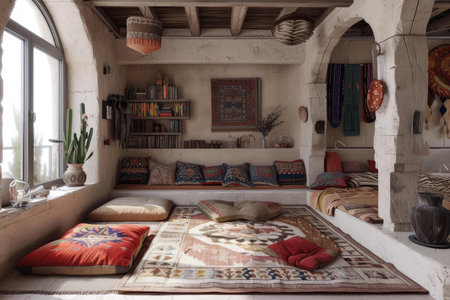 Warm, inviting bohemian interior with eclectic cushions and natural lightingの素材