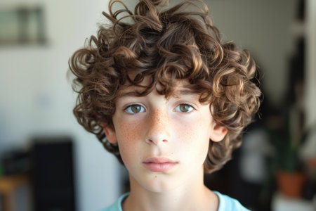 Close-up of a young boy with curly hair and freckles looking into the cameraの素材