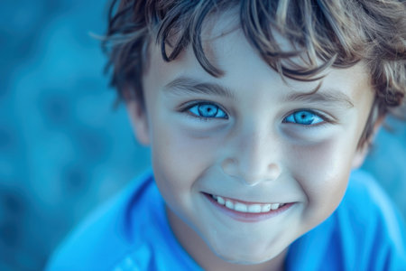 Close-up portrait of a joyful young boy with vivid blue eyes and a captivating smileの素材