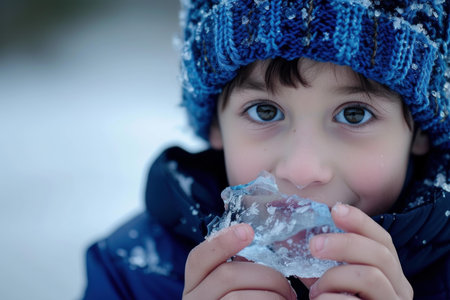 Close-up of a young child in a blue knit hat holding a piece of ice, with a snowy backgroundの素材