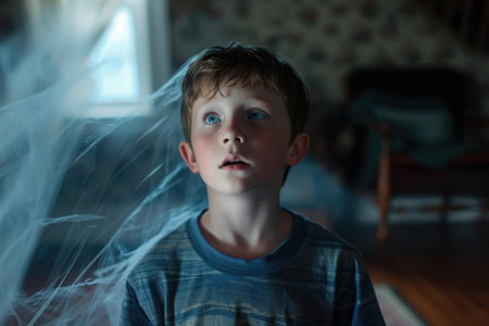 A young boy looks upward in wonder, his face illuminated by a gentle glow in a dimly lit roomの素材