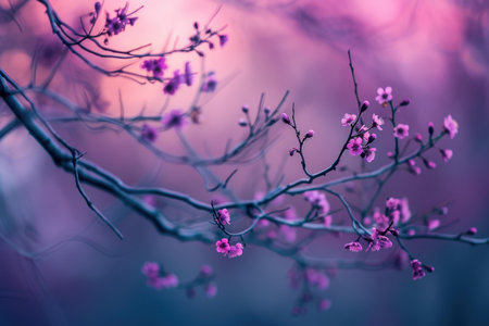 Enchanted twilight blossoms in a serene and peaceful botanical garden. Surrounded by delicate and dreamy springtime natureの素材