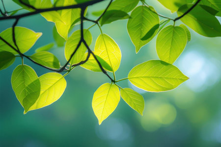 Close-up of fresh green leaves in sunlight with a soft bokeh backdropの素材