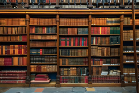 Vintage wooden bookshelves filled with a collection of classic hardcover books in an old libraryの素材