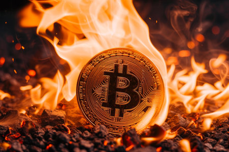 Vivid image of a bitcoin engulfed in flames, depicting the volatility and danger in crypto investmentの素材