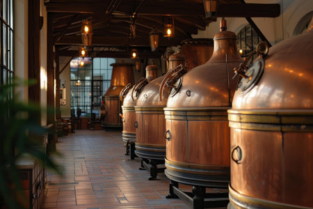 Warmly lit interior of a brewery with shiny copper brewing kettles aligned in a rowの素材