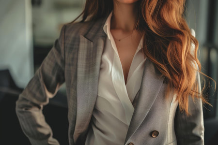 Close-up of a businesswoman in a modern suit, focusing on attire detailsの素材