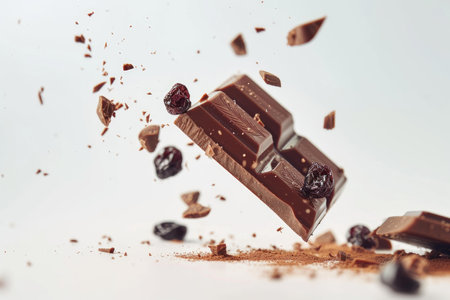 Dynamic scene of a chocolate bar with berries and shattering pieces suspended in the airの素材