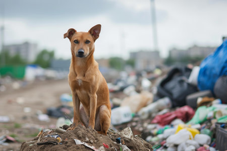 Stray brown dog scavenging on a desolate landfill site. Surrounded by garbage and wasteの素材