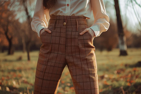 Close up of a womans elegant autumn fashion details. Featuring modern tailored pants. A chic plaid trousers. And a vintage-inspired white blouse. Casual outdoor setting with nature as the backgroundの素材