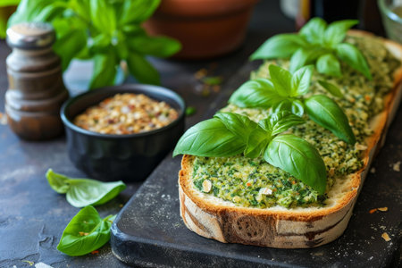 Rustic loaf with homemade basil pesto garnished with green basil leaves, healthy cuisine conceptの素材