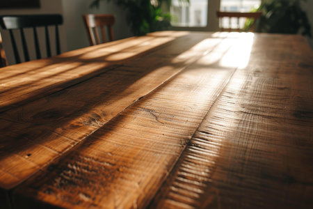 Golden hour sunlight casting a warm glow and shadows on a textured wooden table topの素材