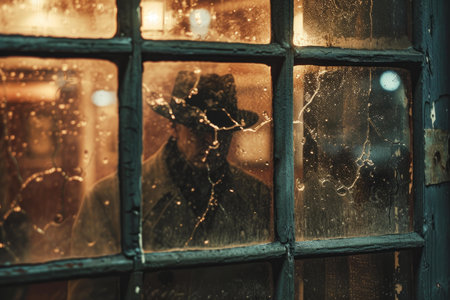 Close-up of an old window with raindrops, warm light, and subtle reflections, evoking nostalgiaの素材