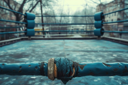 Moody image depicting the corner of an old, weathered boxing ring with focus on the ropeの素材