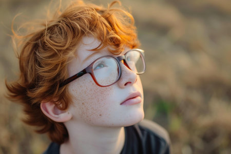 Portrait of a thoughtful teenager with red curly hair and glasses looking upwardの素材