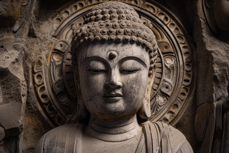 Close-up of a serene buddha statue. A masterpiece of ancient stone sculpture representing tranquility. Spirituality. And mindfulness in buddhismの素材