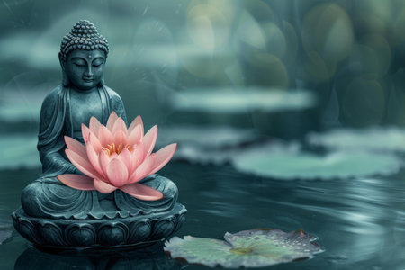 Tranquil image of a buddha statue in meditation on a pink lotus flower, set upon serene watersの素材